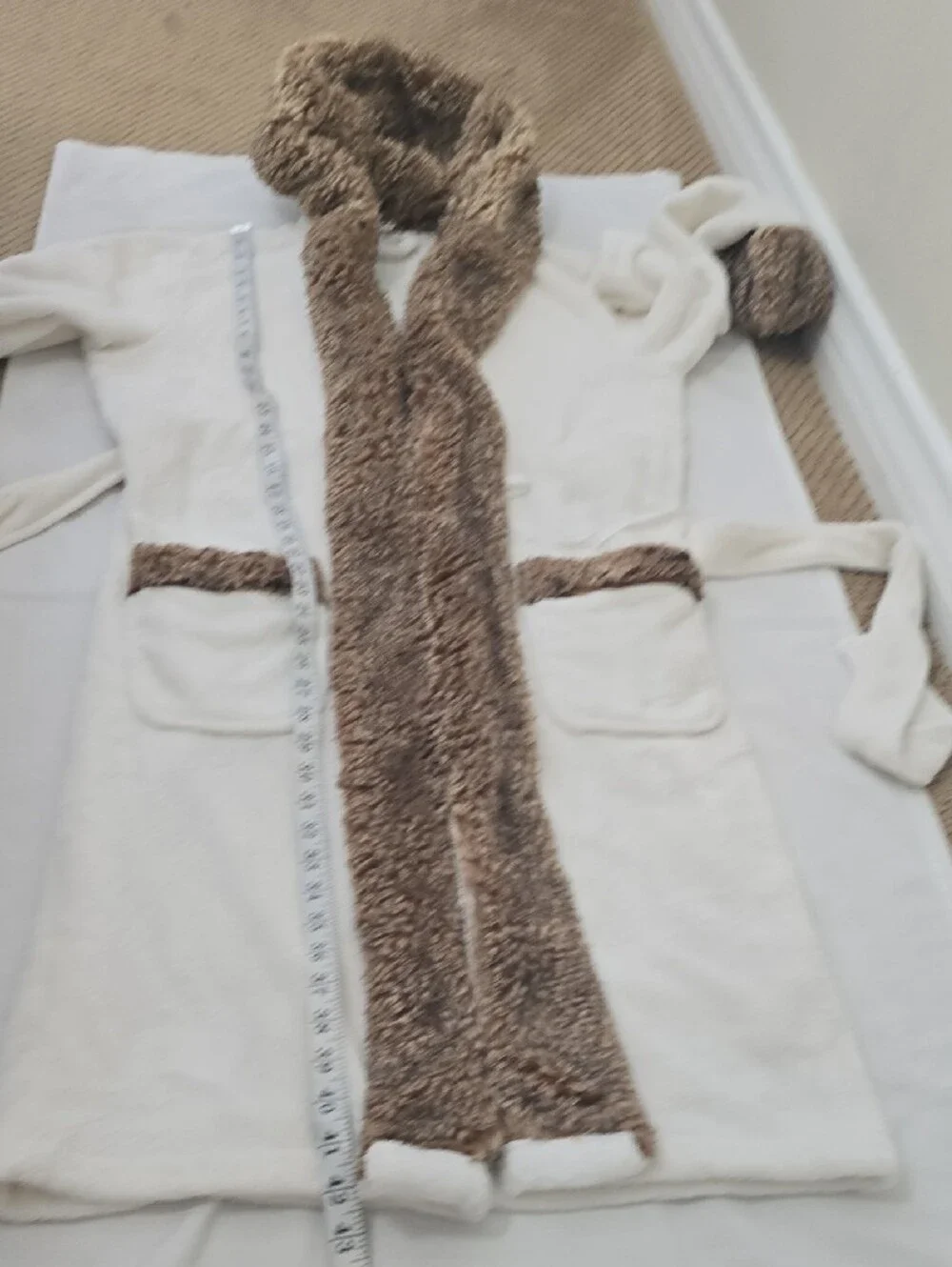 Pottery Barn White Plush Hooded Robe with Brown Faux-Fur Trim OS